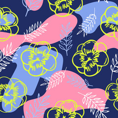 Beautiful bright pattern with tropical hibiscus flowers, leaves and branches. Exotic plants in a bright seamless pattern. Vector illustration.