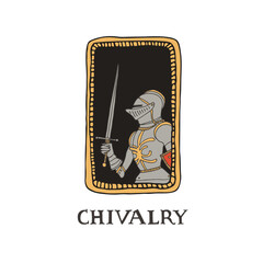 Medieval knight with a sword and in decorative frame. Male warrior with armour taking part in a jousting. Swordsman vector illustration in a hand drawn line art style. Chivalry concept.
