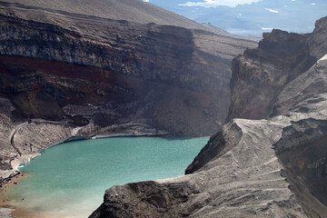 Kamchatka. Gorely Volcano (Burnt Volcano). Turquoise lake in the crater of a volcano. Archive photo, 2008