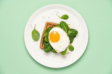 Sunny side up egg with Belgian waffle and spinach. Simple breakfast in plate on green pastel background