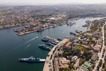 Aerial panorama view of Sevastopol city in summer day, city near the sea and navy of russia