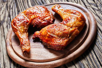 Chicken leg quarters on a wooden background