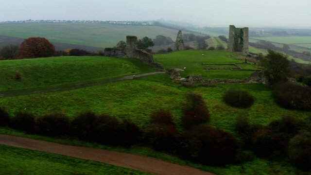 Aerial Hadleigh Castle pan past tree DJI Mavic 2 Pro 4K