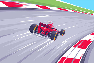 Racing at high speeds F1. Queen's races. A fast car enters the turn. Speed racing tournament. Superelevation at high speed. The desire for victory. Vector illustration