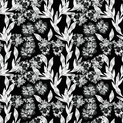 Colorful  leaves with hibiscus flowers, seamless pattern.