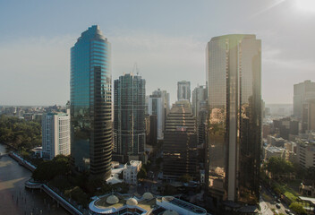 drone flight over the Brisbane Skyline in Australia