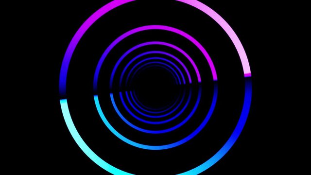4k abstract seamless looped neon light rings tunnel animation, ultraviolet blue pink light portal virtual reality motion background