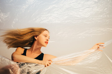Art portrait. Female tenderness. Freedom hope. Dream journey. Inspired tender woman with fair hair...