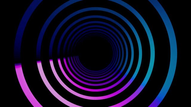 4k abstract seamless looped neon light rings tunnel animation, ultraviolet blue pink light portal virtual reality motion background