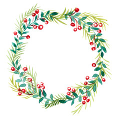Watercolor Christmas wreath with berries