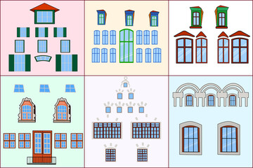 Set of different windows isolated on color background. Collection of detailed various forms colorful windows types. Flat front home and buildings exterior. Window care design.Stock vector illustration