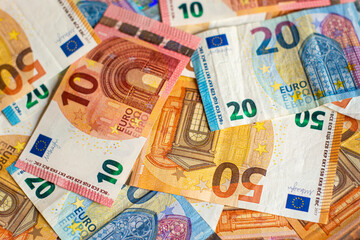 Fototapeta na wymiar Euro money, 10, 20, 50 euro banknotes background, face value 10, 20, 50 euros