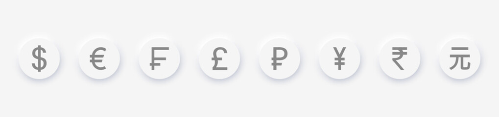 Set of the world's most popular banknotes / symbols. Dollar, Frank, Pound, Ruble, Yen, Rupee, Yuan. Neomorphism design. Vector illustration EPS10