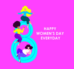 International Woman Day.Feminism Concept.Different Ladies African,Pregnant,Blond Girls.Ladies on Eighth of March.Free Confident Female, Woman Empowerment. Women's Day Feminine Flat Vector Illustration