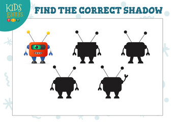 Find the correct shadow for cute cartoon robot educational preschool kids mini game
