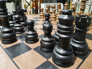 Close up of chess pieces on board game 
