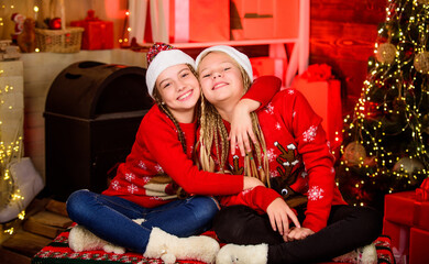 Girls friends soulmates celebrate christmas. Friendly relations. Happy holidays. Fun and cheer....