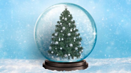 Fototapeta na wymiar Christmas festive background. Winter snowy shiny backdrop. Glass snow globe with Christmas tree 