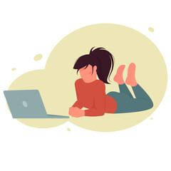 A young girl is lying in front of a laptop. Vector concept of freelancer or training