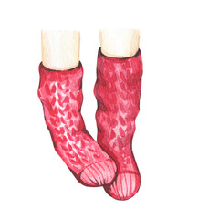 Watercolor hand-painted red Christmas socks. High quality illustration