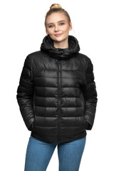 Young female model posing in black down jacket isolated on white background. Winter and autumn women down jacket mockup © Dzha