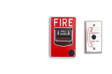 Manual pull fire alarm switch safety system box installed and fire extinguisher on white wall background.