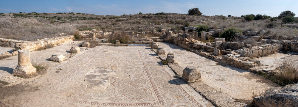 Mosaic floor of a Byzantine church. Khirbet Beit Lei or Beth Loya at Judean lowlands