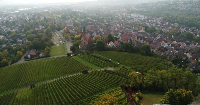 Flying copter over Weinsberg Burgberg and beautiful nature of the town Weinsberg in Heilbronn district, Germany. 4k footage.