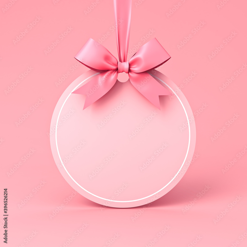 Poster blank round sign hanging with pink pastel color ribbon bow isolated on pink background minimal conce