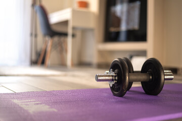 Dumbbells on purple mat in living room. Workout at home