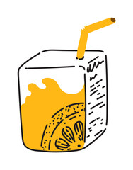 Orange juice pack with straw small portion isolated on white