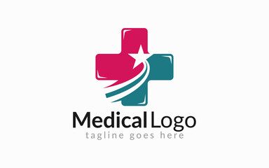Medical Healthcare Logo Design. Medical Cross Line Symbol Shape Combine with Star Symbol Silhouette. Flat Vector Logo Design Graphic Template.