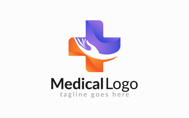 Medical Healthcare Logo Design. Medical Cross Line Symbol Shape Combine with Abstract Hand Silhouette. Flat Vector Logo Design Graphic Template.