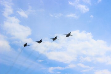 Group of airplanes in the sky in airshow