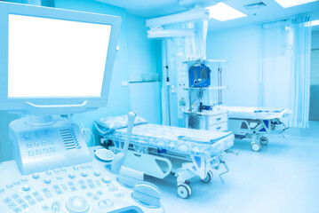 Surface blur View ultrasound machine and monitor LCD and bed Of Empty Emergency Room,view of a couple of empty beds in an emergency room at a hospital