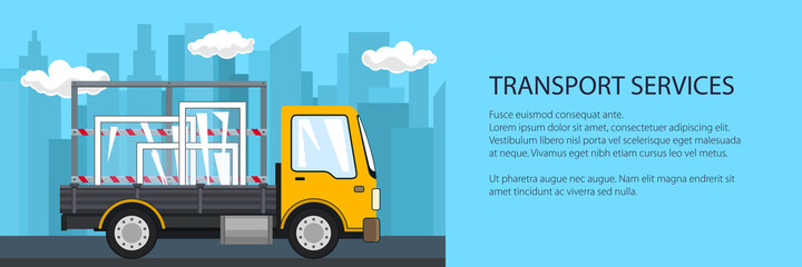 Banner of small truck with windows on the background of the city, transport services and logistics, shipping and freight of goods banner, vector illustration