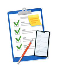 Checklist clipboard and survey form on mobile phone screen