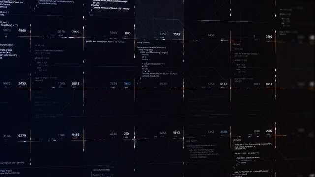 Abstract source codes on black background, concept of cyber crimes. Animation. Blocks of digital information transforming and running, seamless loop.