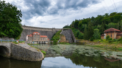 Fototapeta na wymiar Dam on Bobr river and hydroelectric water power station in Pilchowice near Jelenia Gora in Poland