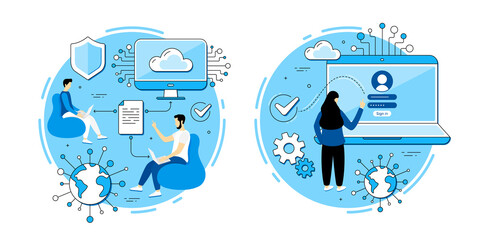 Document sharing, login page vector icons set. Social network access, data transfer, online teamwork. File sharing, private network account, cloud document. Team employee remote work. Metaphor icons.