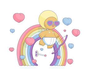 Cupid with heart-shape glass and rainbow for Valentine Day