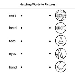 Match the words to pictures coloring page. Learn to read black and white matching game