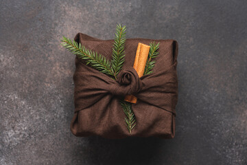 Cotton Christmas gift wrapping. Eco friendly Zero waste holiday season. Christmas and New Year giving. Top view and copy space