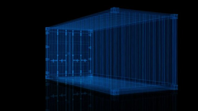 Container wire-frame polygonal line model. industrial box in motion, lines and points connected to form. Digital technology visualization of 3d.