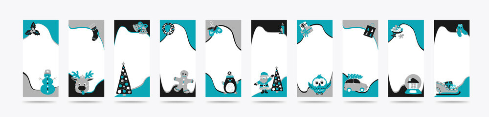 Set of 10 Merry Christmas stories template for social networks in the style of Scandinavian simple hand drawing. Holiday frames in layers for photo with cute characters - Santa, reindeer, gingerbread
