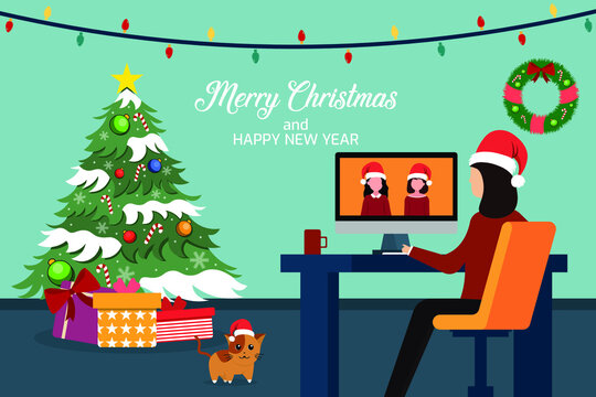 Christmas and New Year during corona virus .Christmas celebrating in home.Merry and safe Vector illustration	
