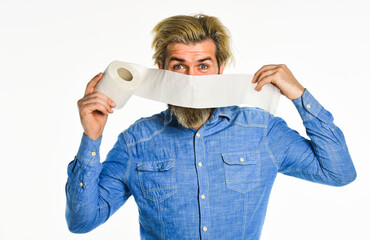 No foul smell left behind. man toilet paper in supermarket. roll of toilet paper. panic shopping of...