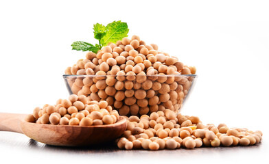 Bowl of soya beans isolated on white
