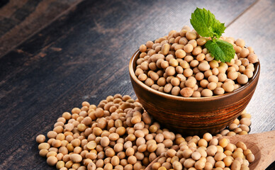 Composition with bowl of soya beans on wooden table