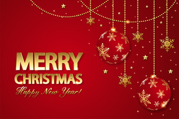Christmas background with shining gold snowflake, star and ball. Merry Christmas card illustration on red background.
